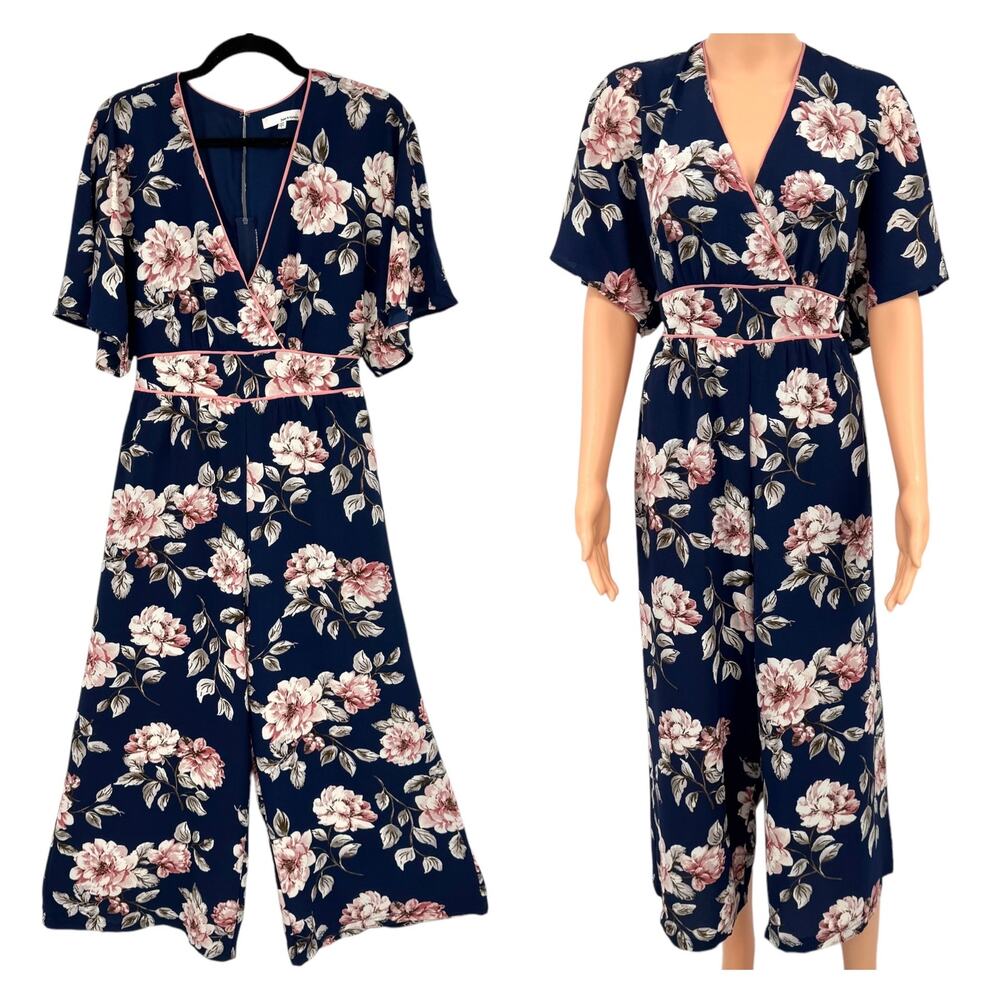 June & Hudson Jumpsuit Medium Navy Pink Cropped Wide Leg Dolman Sleeve
